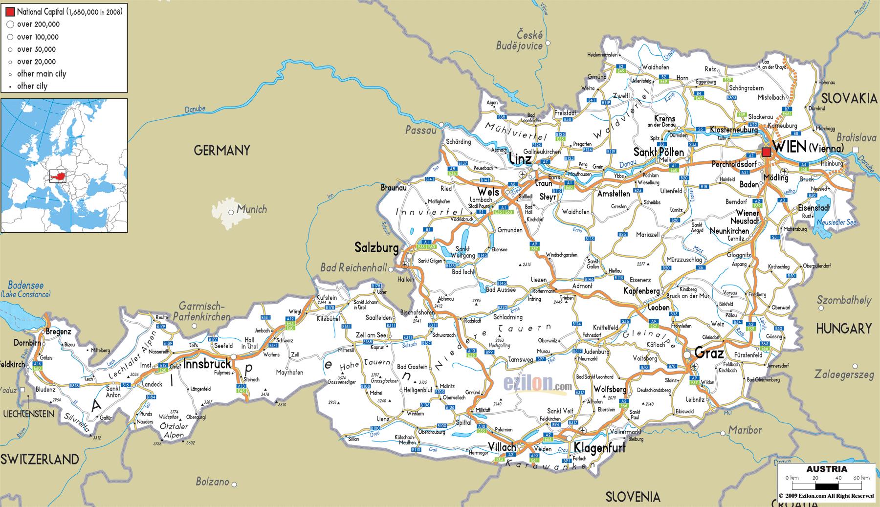 Itävallan reittikartta - Kartta itävallan reitti (Länsi-Eurooppa - Eurooppa)